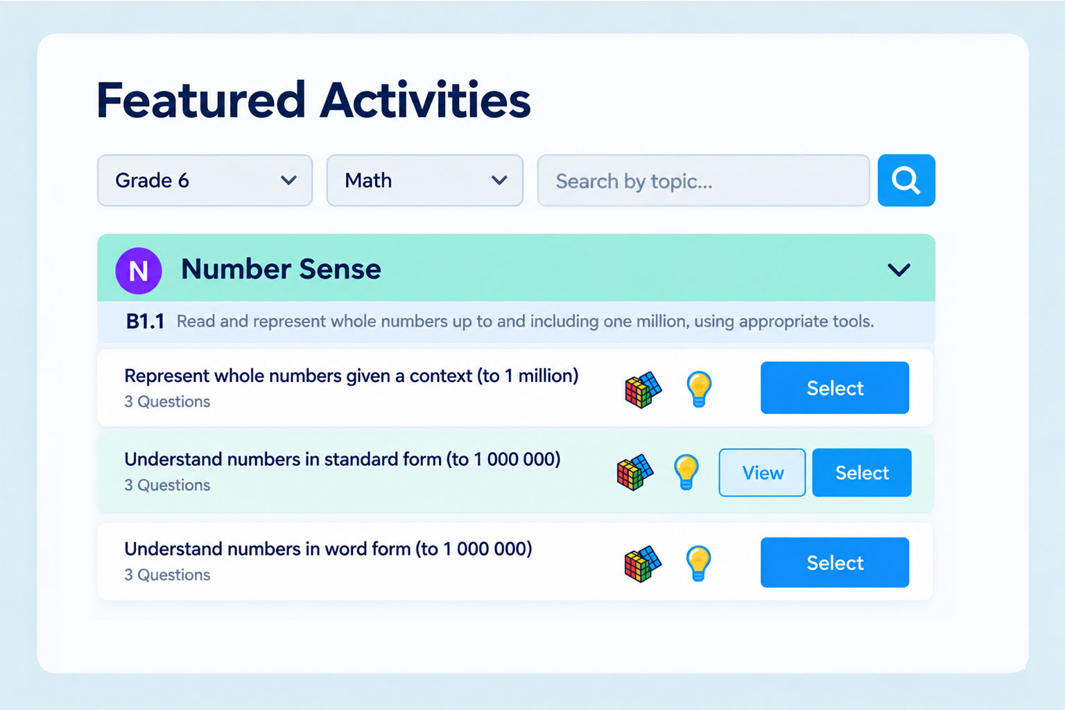 Screenshot: assessment results showing student gaps